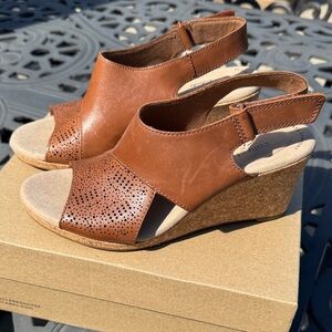 Clarks Tan Leather Wedge Sandals